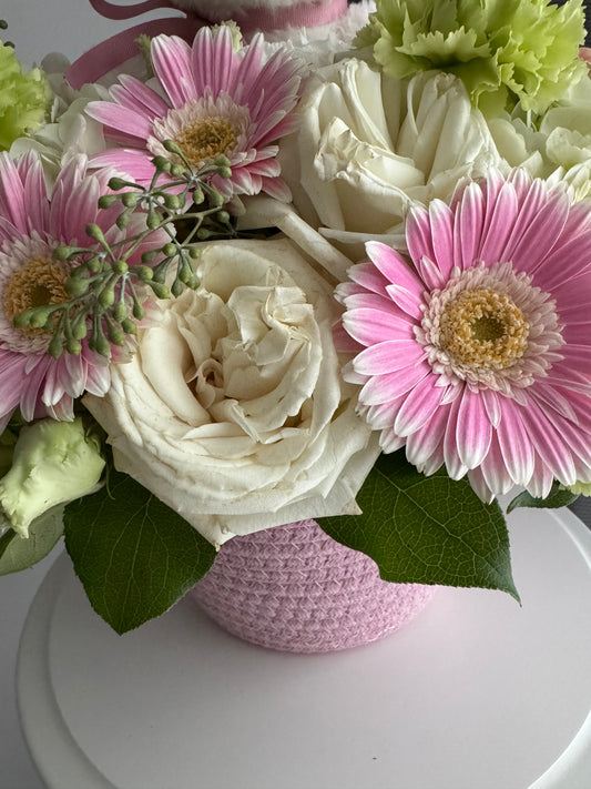 Flowers in a Basket “Pink Teddy Hugs”