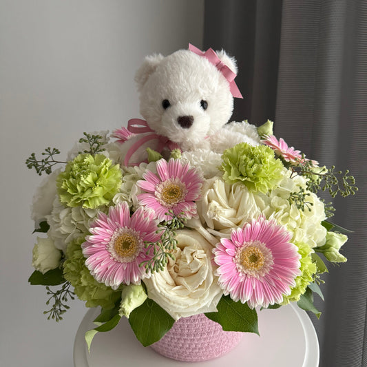 Flowers in a Basket “Pink Teddy Hugs”