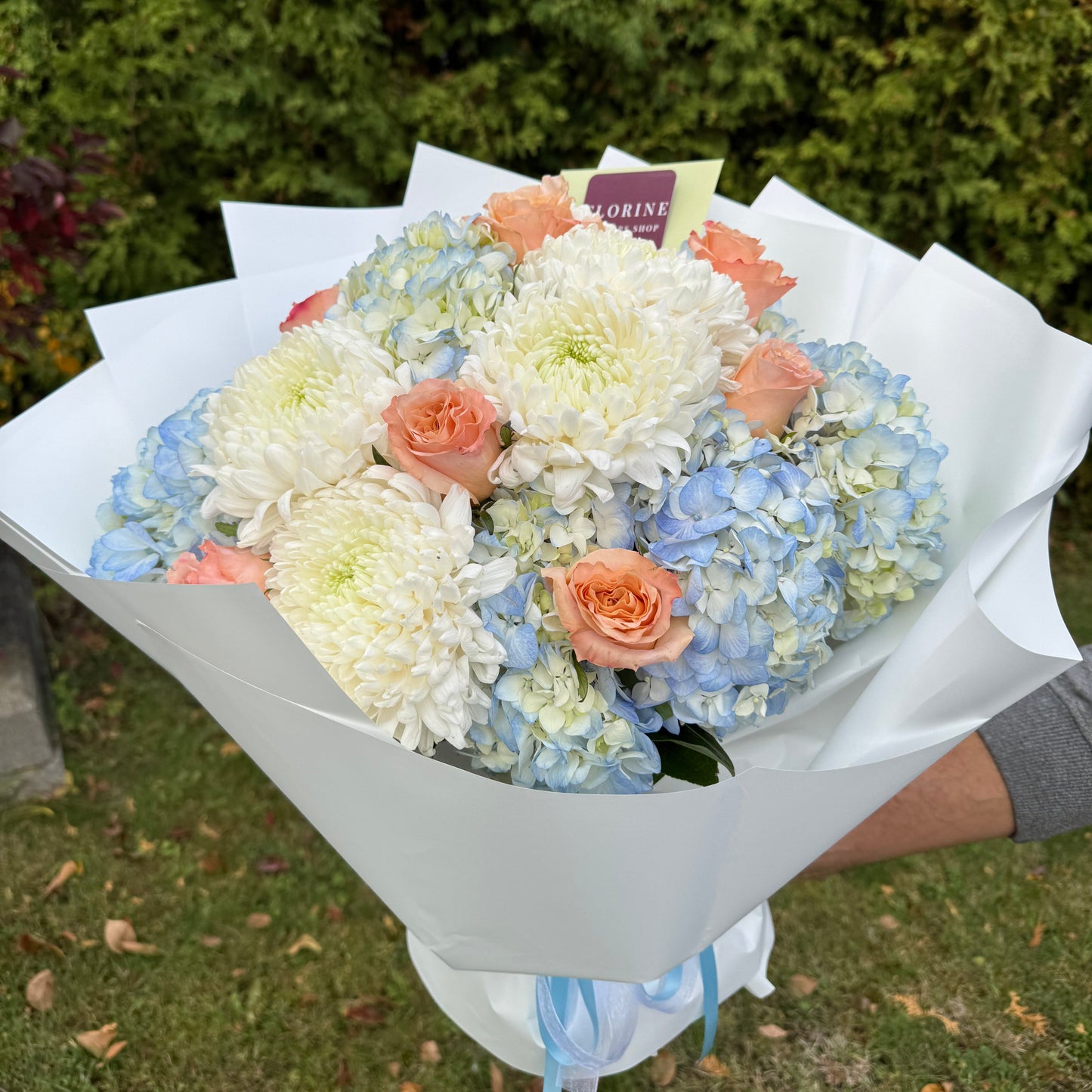 Mixed Flowers Bouquet “Peach & Blue”