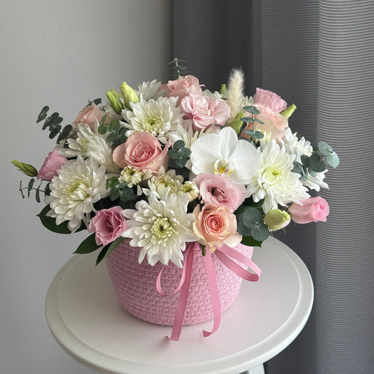 Flowers in a basket “Soft Pink”