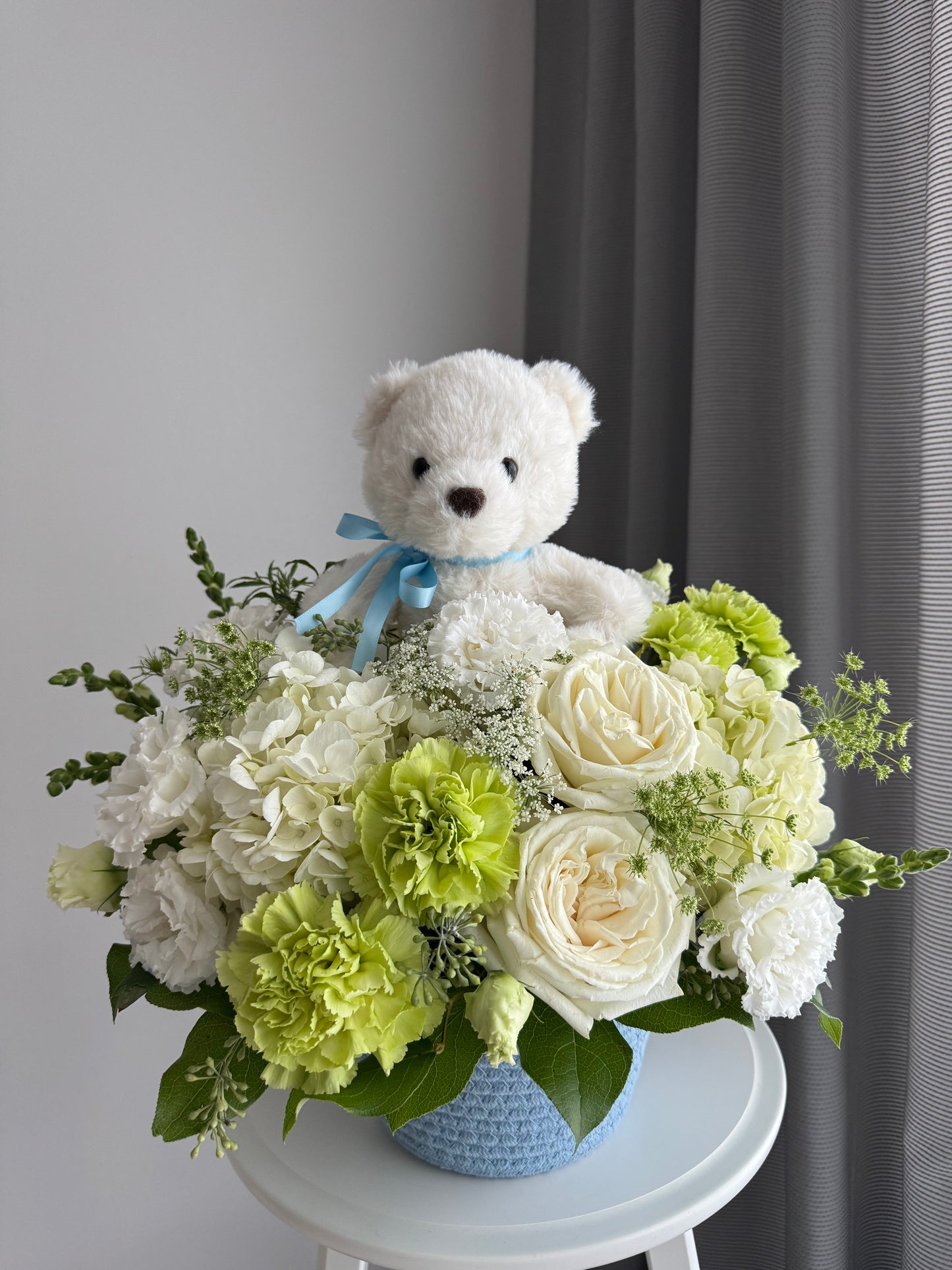 Flowers in a Basket “Blue Teddy Hugs”